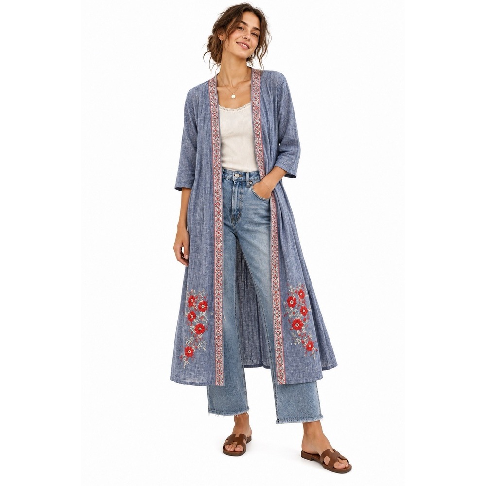 April Cornell Graphite Chambray Cover Up XS Embroidered Duster